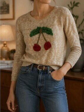 Marilyn Monroe Cherry Sweater Cream Knit Fruit Graphic Retro Pinup Style S